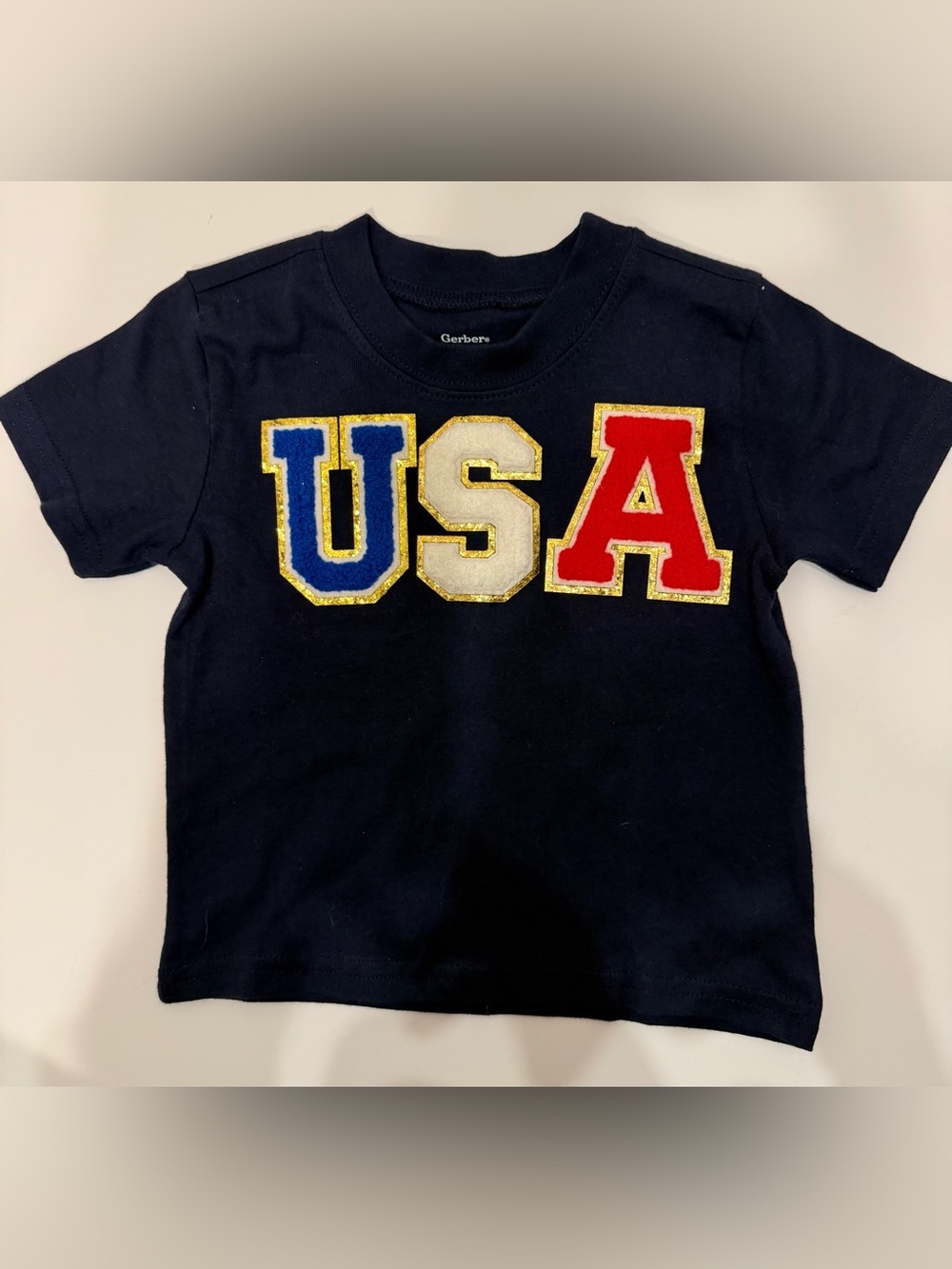 USA Glittery Patch Lettered Baby Short Sleeve Shirt